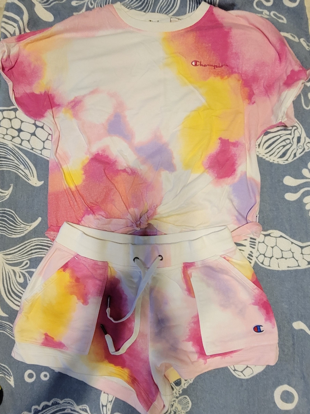 Champion Tie-Dye Crop Tee & Shorts Set - Pink Yellow Lavender